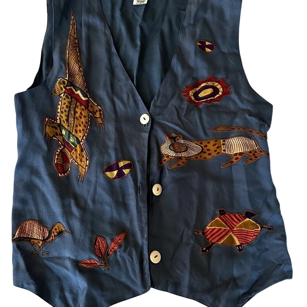 Vintage 90's InStyle Blue/Multicolored African Animal Print Vest- L